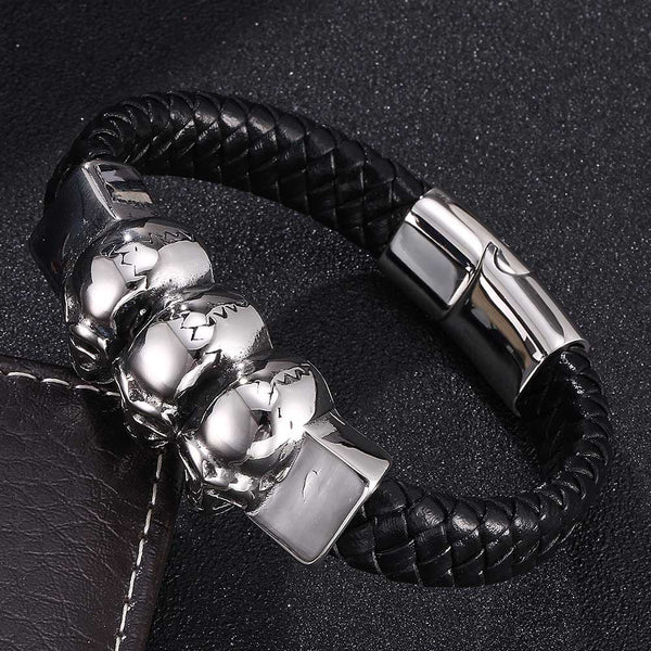 Triple Skull Steel and Leather Bracelet - KJB360105