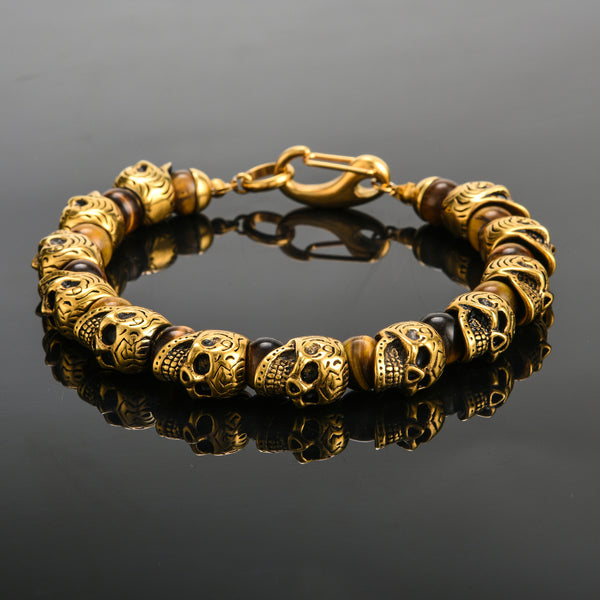 Stainless Steel Skulls And Beads Bracelet - Gold