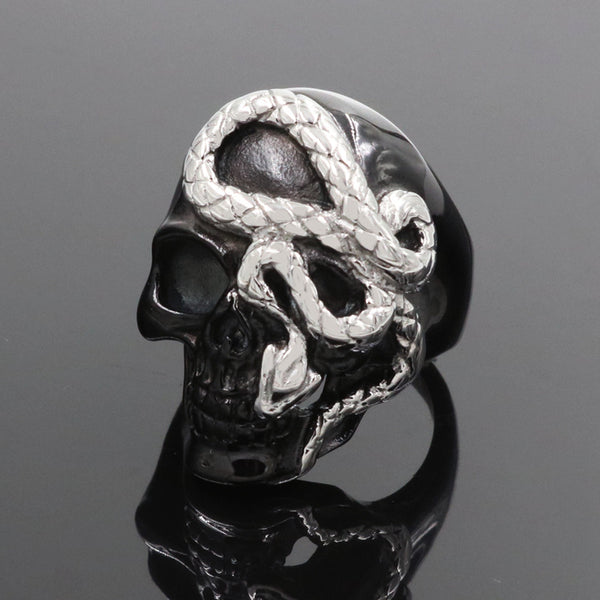 Black Skull Ring With Silver Colour Snake - Stainless Steel