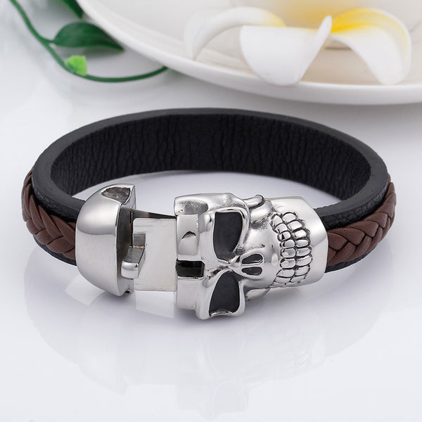 Large Skull Steel and Leather Bracelet - 360139