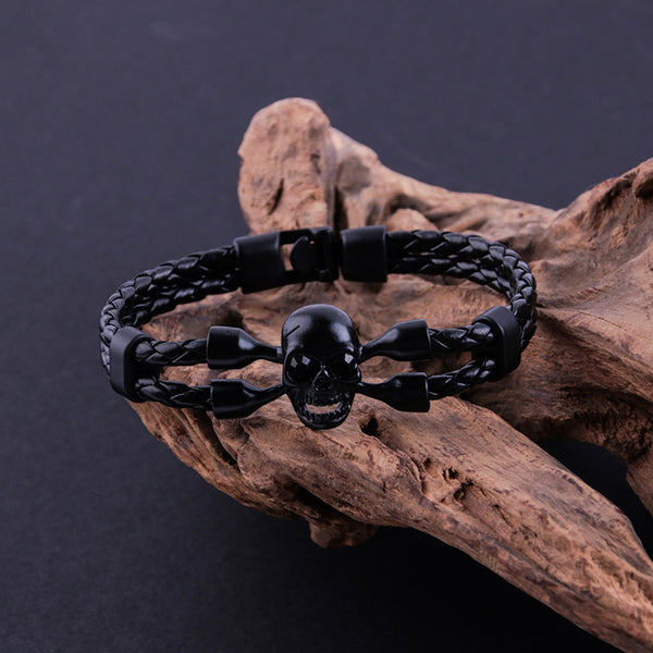 Vintage Black Skeleton Skull Bracelet (Leather)