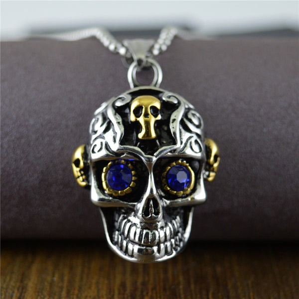 Large Skull Pendant With Blue CZ Eyes - Stainless Steel 600046