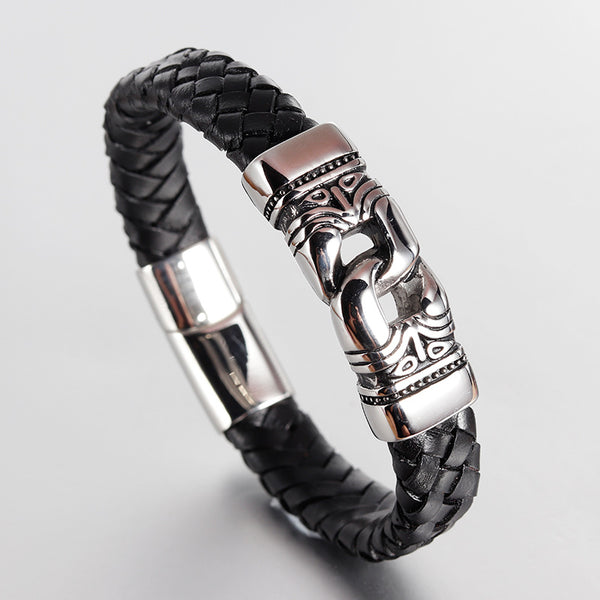 Tribal Knot Black Leather & Steel Bracelet