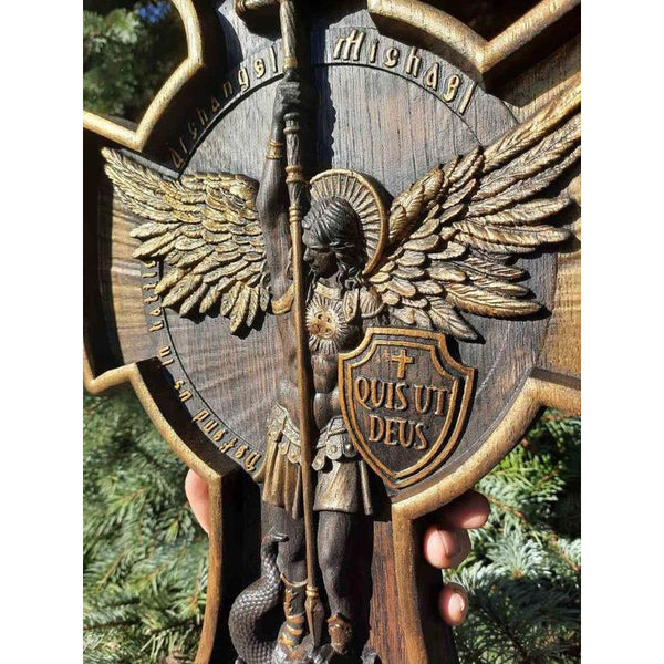 2022 New Wood color Archangel Michael Solid wood carved—Hand carved from a whole piece of wood
