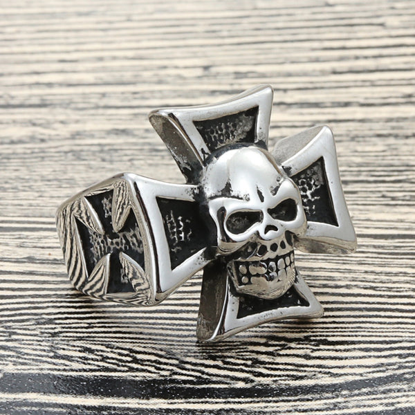 Iron Cross With Skull Biker Ring - Stainless Steel