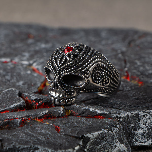 Intricate Skull Ring With Red Stone - 350339