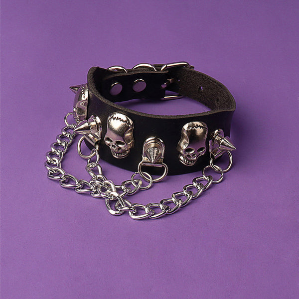 Skull Bracelet with Mini Chains (Leather)
