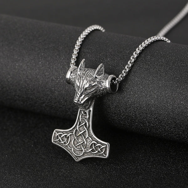 Steel Celtic Design Wolf Head Thor's Hammer Pendant