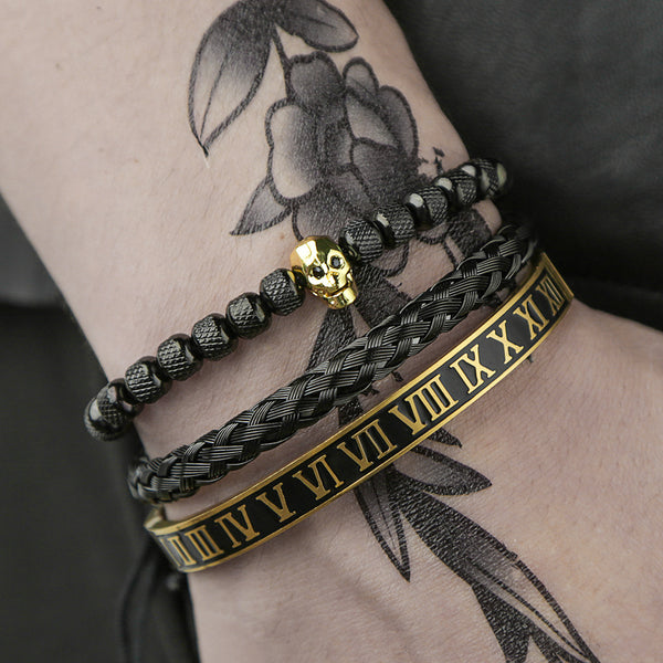 Braided Wrap Chain & Stainless Steel Cuff & Bead Gold Skull Bracelet