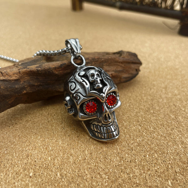 Grinning Skull With Red CZ Eyes Pendant - HSSPM-5928