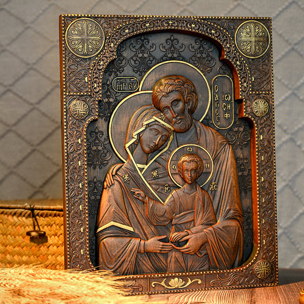 Sainte Famille Nativité Sculpture Sur Bois Cadeau Icône Byzantine Religieuse