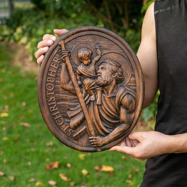 St.Christopher Christian Wood Carving Plaque/Le saint patron des voyageurs