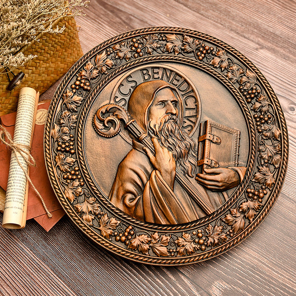 Religiöse Ikone des Heiligen Benedikt, Wanddekoration aus Naturholz geschnitzt