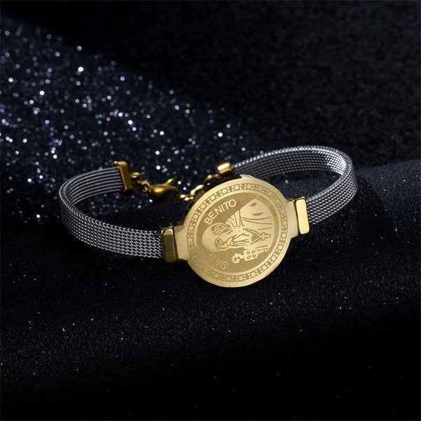 Bracelet Bande Milanaise Médaille Saint Benoît - Taille Ajustable 