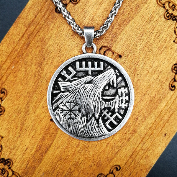 Viking Wolf Compass Rune Pendant Necklace