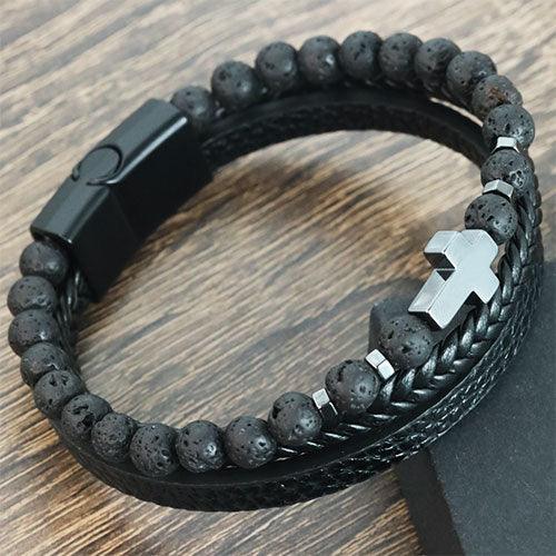 Three-Layer Leather Braided Wrap Cross Volcanic Beaded Bracelets