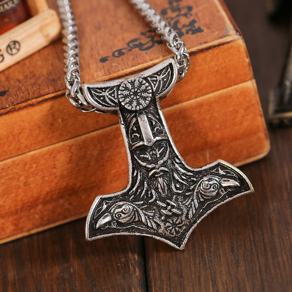 Viking God Odin Raven Thor's Hammer Pendant