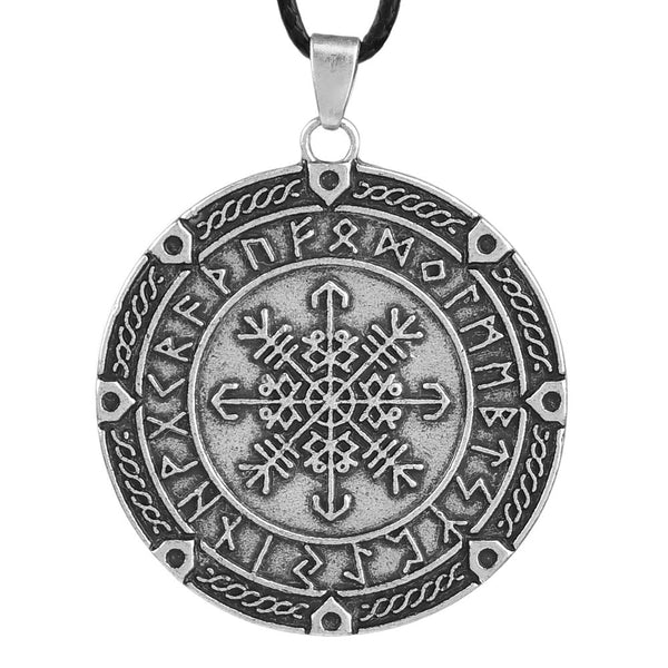 Collier pendentif pièce de monnaie boussole amulette alphabet viking