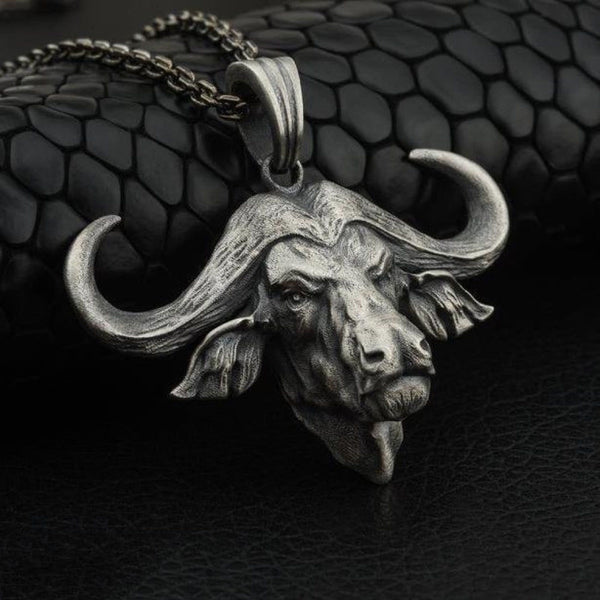 3D-Büffelkopf-Halskette aus reinem Zinn