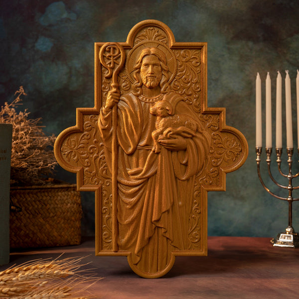 Gottes Hirte religiöses Geschenk Holzgeschnitzte christliche Wandkunst