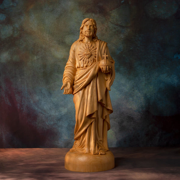Viiona Statue du Sacré-Cœur de Jésus en buis sculpté à la main