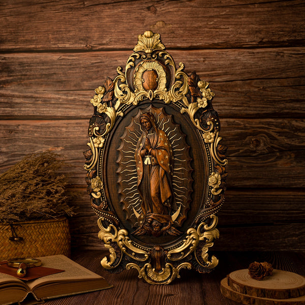 Religious gift with rich details of the wooden statue of Our Lady of Guadalupe