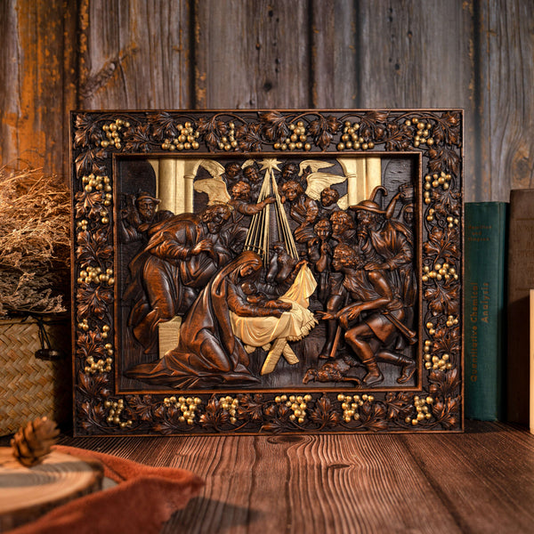 Plaque sculptée en bois de scène de la Nativité, cadeau religieux en bois massif de hêtre naturel, cadeau chrétien de Noël