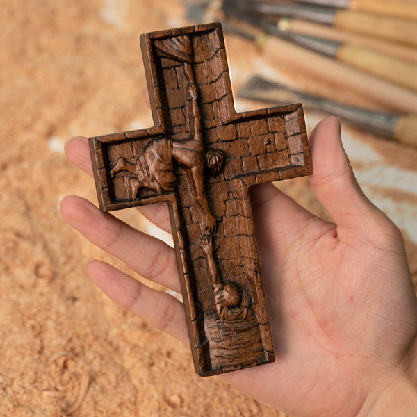 Viiona 6 pouces Sauveur Jésus Croix Sculpture sur bois - Version mini