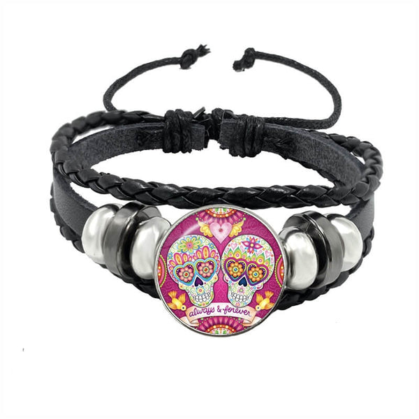 Double Mexican Sugar Skull Bracelet (Leather)