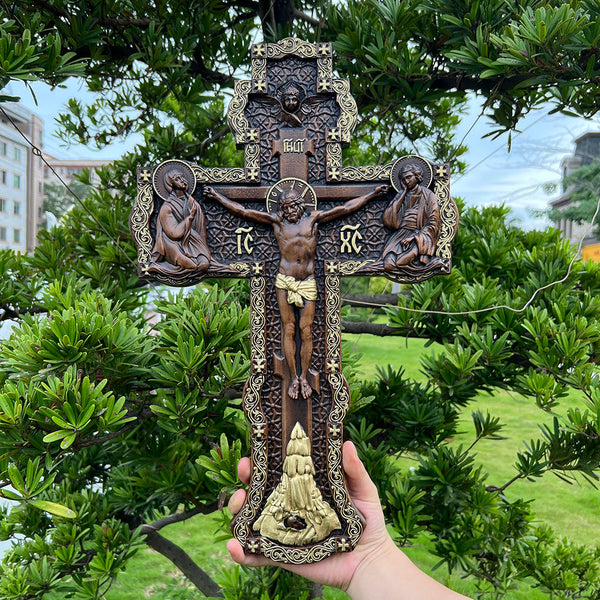 Viiona Orthodoxes religiöses geschnitztes Kruzifix aus Holz – aus Naturholz geschnitzt