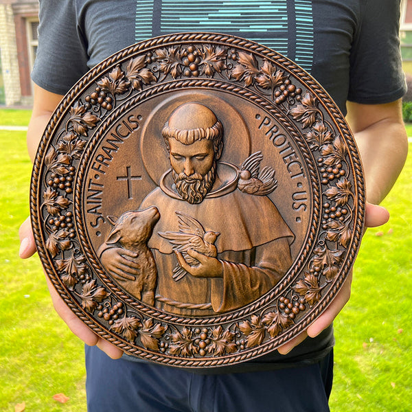 Religiöse Ikone des Heiligen Franziskus von Assisi, aus Naturholz geschnitzter Wanddekorationsanhänger