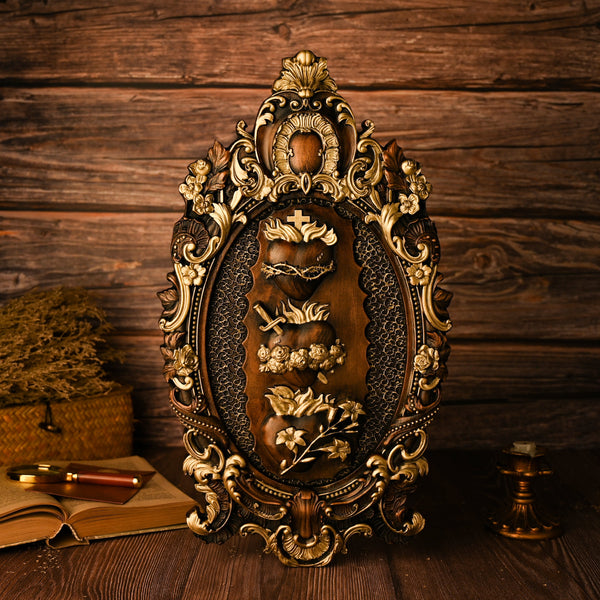 Holzfarbe Drei Heilige Herzen der Heiligen Familie Wandbehang Kunstwerk Personalisiertes religiöses Geschenk