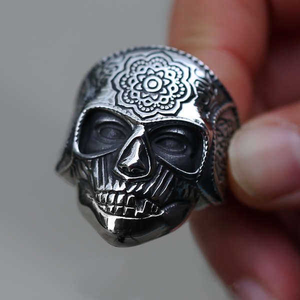 Bague Tête de Mort en Acier Inoxydable Mandala Fleur