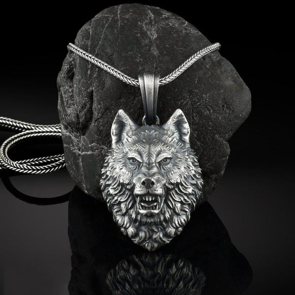 Halskette mit wütendem Alpha-Wolfskopf aus reinem Zinn