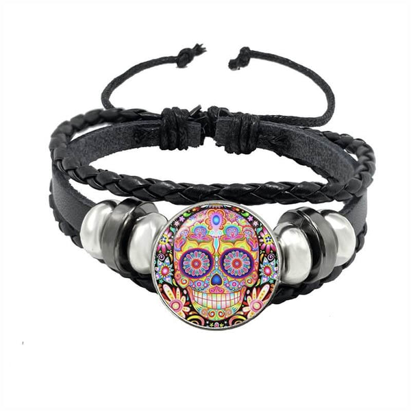 Skull Bracelet Colorful Mexican Skull (Leather)