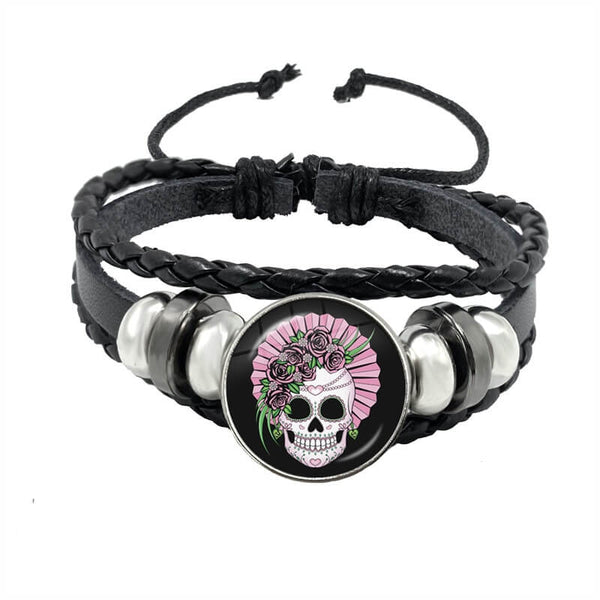 Skull Bracelet Mexican Skull with Roses (Leather)