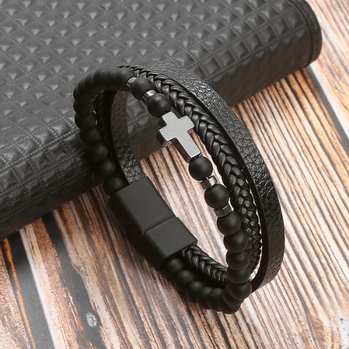 Three-Layer Leather Braided Wrap Cross Black Beaded Bracelets