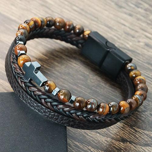 Three-Layer Leather Braided Wrap Cross Tiger Eye Beaded Bracelets