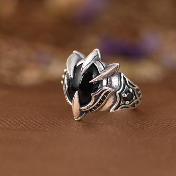 Offener Ring aus Sterlingsilber mit schwarzer Achat-Drachenklaue