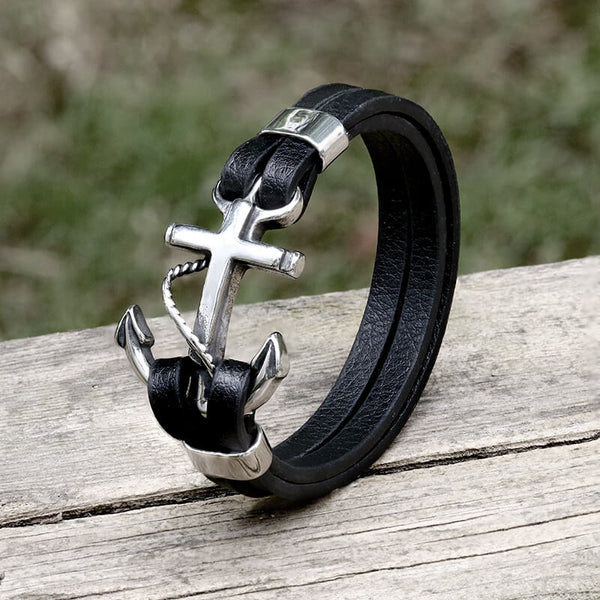 Schwarzes Leder-Anker-Marine-Armband aus Edelstahl