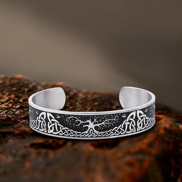 Bracelet manchette viking en acier inoxydable Yggdrasil avec nœud celtique