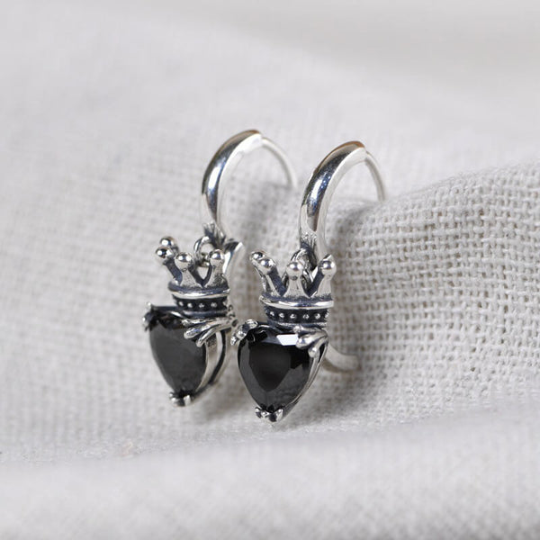 Crowned Black Heart Sterling Silver Hoop Earrings