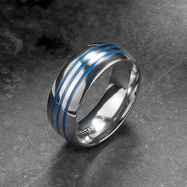 Curved Blue Triple Groove Titanium Ring