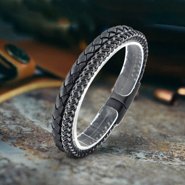 Double Braided Leather Stainless Steel Bracelet