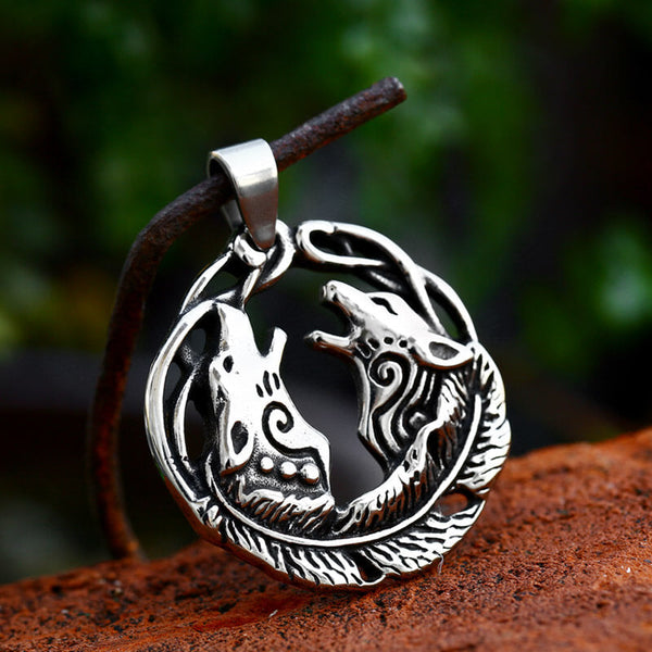 Double Howling Wolf Stainless Steel Animal Pendant