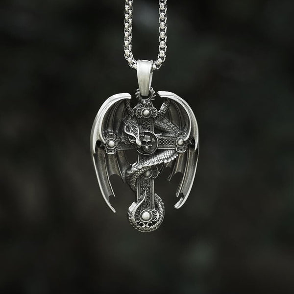 Drache Halskette mit keltischem Kreuz aus reinem Zinn