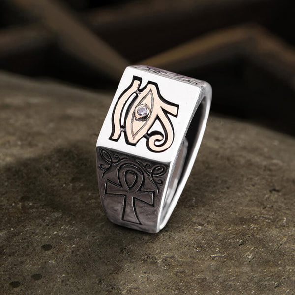 Auge von Ra Ankh Ägyptisches Symbol Sterling Silber Verstellbarer Ring