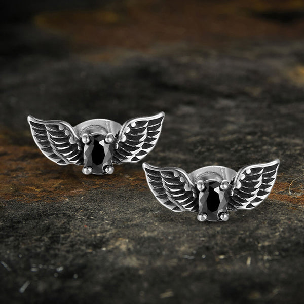 Boucles d'oreilles à tige en acier inoxydable avec pierre noire Freedom Wings
