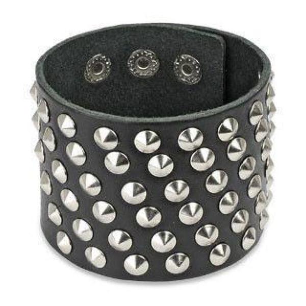 Gothic Black Leather Wide Bracelet With Cone Studs