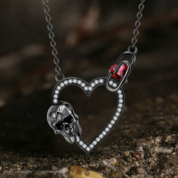 Gothic Black Skull Heart Sterling Silver Necklace